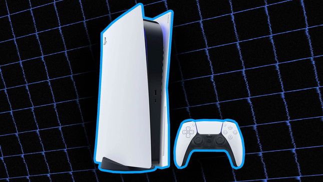 The PS5 sits in front of the blue grid. 