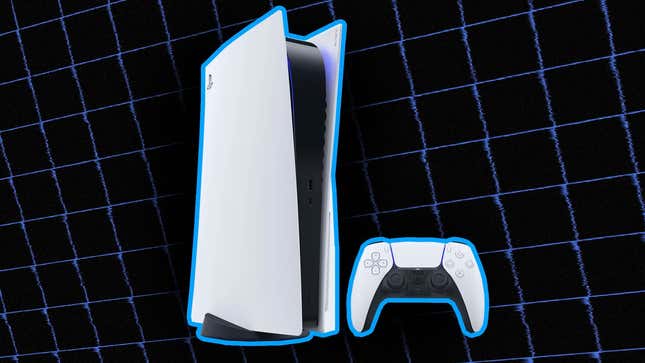 A PS5 sits in front of a blue grid. 