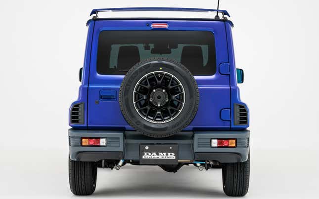Rear view of a blue Suzuki Jimny with a Renault 5 bodykit