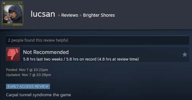 A screenshot shows a Steam user review of Brighter Shores.