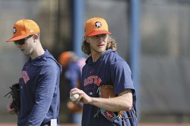 Feb 14, 2024; West Palm Beach, FL, USA; Houston Astros relief pitcher Josh Hader (71) looks on during spring training practice at CACTI Park of the Palm Beaches.