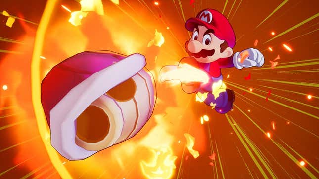 Mario kicks a red shell