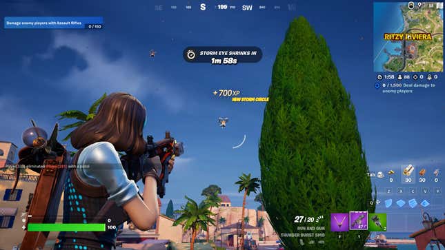 A player aims a gun at a flying drone in Fortnite.