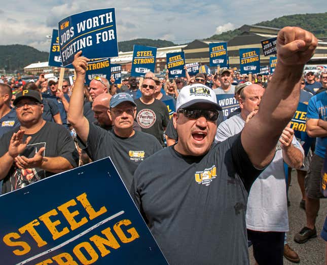 FILE - Tom Duffy of Clairton raises his fist as hundreds of United Steelworkers rally and march on Thursday, Aug. 30, 2018, in Clairton, Pa. The United Steelworkers Union has endorsed President Joe Biden Wednesday, March 20, 2024, giving him support from another large labor union. (Steph Chambers/Pittsburgh Post-Gazette via AP, File)