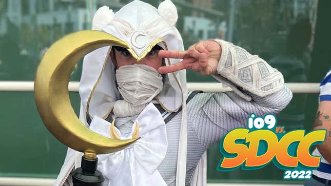 A cosplayer dressed as a hybrid of Sailor Moon and Moon Knight