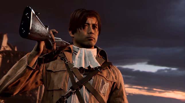 Daniel Yatsu stares off into the sunset with his gun over his shoulder while he wears a survey corps uniform. 