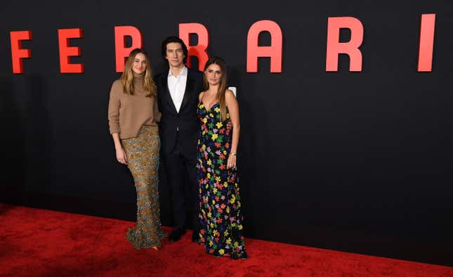 US actress Shailene Woodley (L), US actor Adam Driver (C) and Spanish actress Penelope Cruz (R) arrive for the "Ferrari" premiere at the Director's Guild of America in Los Angeles, December 12, 2023