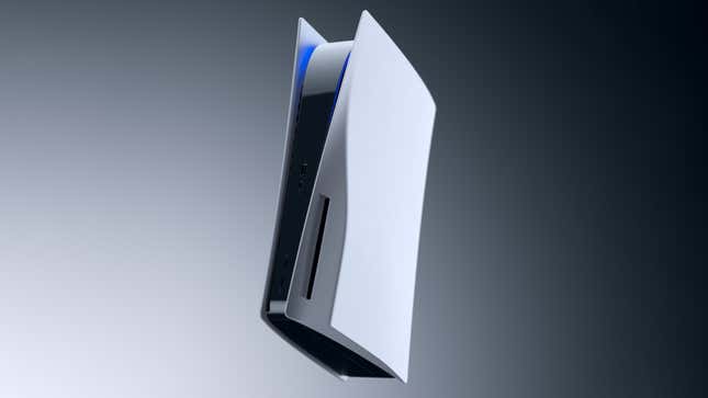 A PlayStation 5 floats in mid-air with a white-to-black gradient background.