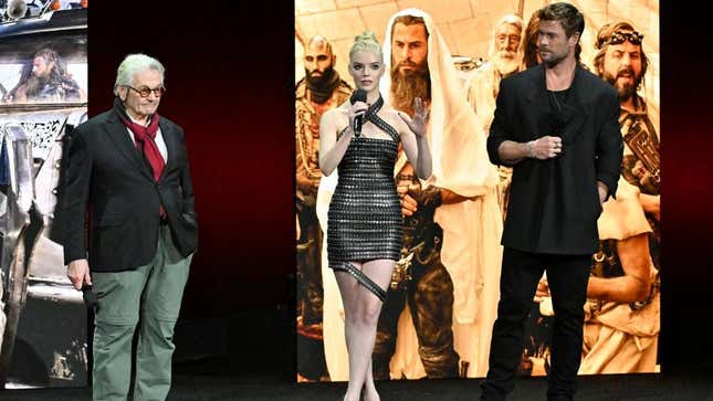 George Miller, Anya Taylor-Joy, and Chris Hemsworth at CinemaCon 2024.
