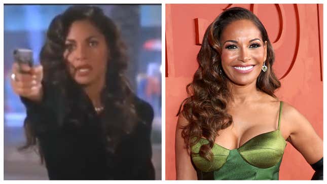 Salli Richardson in a “Low Down Dirty Shame” in 1994; Salli Richardson, 2024.