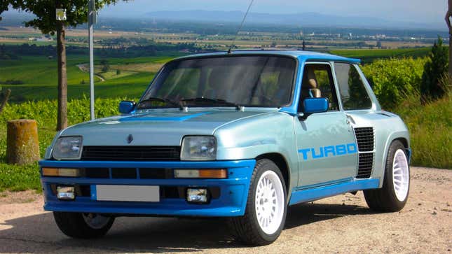 A photo of a blue Renault R5 Turbo hatchback. 