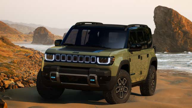 A render of the front of the Jeep recon electric SUV. 