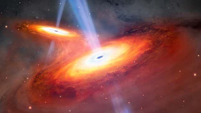 An artist's impression of two quasars merging.