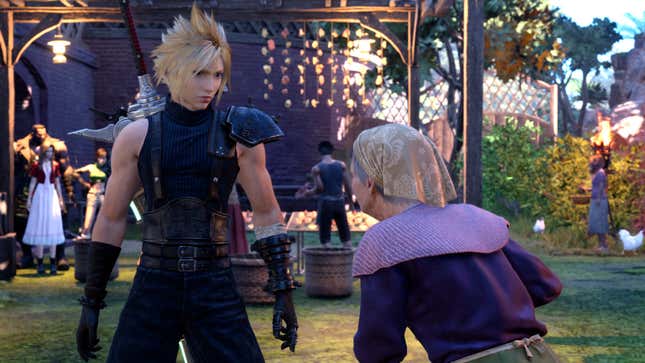 Cloud talks to an old lady who lost her chickens.