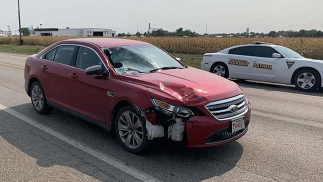 South Dakota Attorney General Jason Ravnsborg’s Ford Taurus at the scene of the impact the following morning

