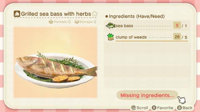 A grilled sea bass with herbs recipe, from Animal Crossing: New Horizons