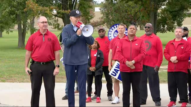 President Joe Biden speaking at a UAW picket in Michigan.