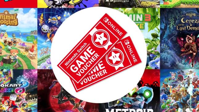 Switch game vouchers appear over top of art for Switch games. 