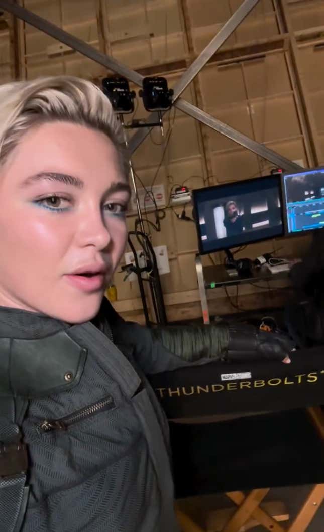 Florence Pugh with Thunderbolts logo directors chair
