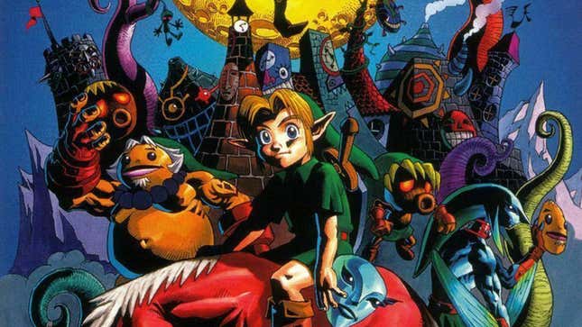 Official artwork shows Link and other characters as seen in Majora's Mask. 