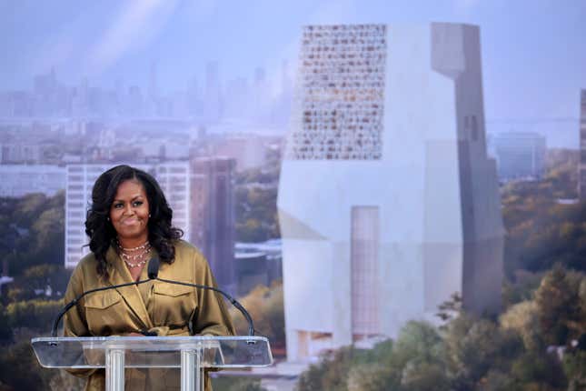  Michelle Obama speaks during a ceremonial groundbreaking at the Obama Presidential Center in Jackson Park on September 28, 2021 in Chicago, Illinois.