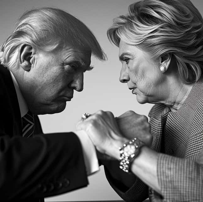 Imagem gerada por IA de Donald Trump e Hillary Clinton em conflito.
