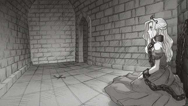 A screenshot of Slay The Princess, showing the titualr princess chained to a wall in a well-kept dungeon. A knife sits on the floor ahead of her, seemingly just out of reach. 