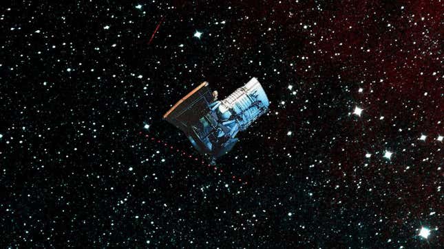 An artist’s depiction of the NEOWISE satellite against the infrared sky.