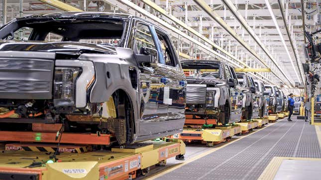 F-150 Lightnings being manufactured at Ford's Rouge Electric Vehicle Center