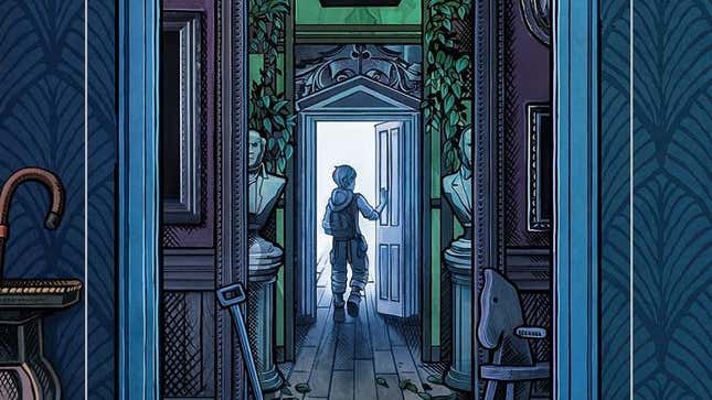 A young boy walks through a doorway in a blue house.