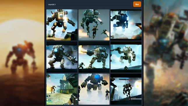 A series of images depicts surrealist AI-generated screenshots of a hypothetical sequel to Titanfall 2.