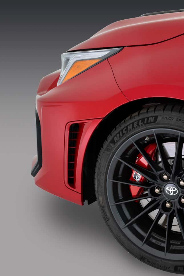 Front bumper details of the red 2025 Toyota GR Corolla