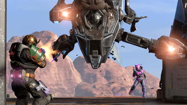 Spartans step into battle to attack and defend a giant robot.