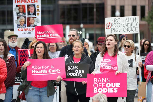 FILE - Supporters of Issue 1, the Right to Reproductive Freedom amendment, attend a rally in Columbus, Ohio, Oct. 8, 2023. Some state governments and a federal agency are moving to block companies from selling geolocation data that shows who&#39;s been to abortion providers, among other places. (AP Photo/Joe Maiorana, File)