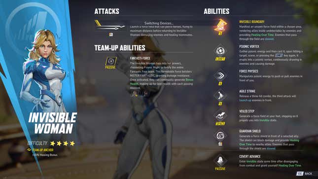 A screenshot shows Invisible Woman's various abilities.