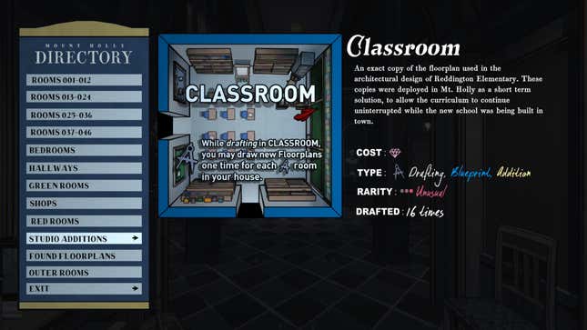 A screenshot from the Directory menu in Blue Prince. The Classroom is selected.