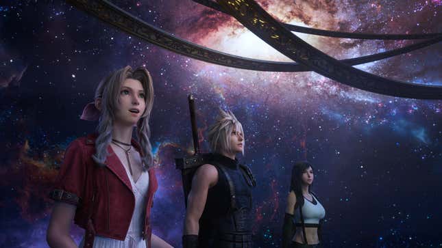 Une capture d’écran montre Cloud, Aerith et Tifa de FF7. 