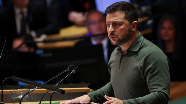 Ukrainian president Volodymyr Zelenskiy addresses the 78th Session of the U.N. General Assembly in New York City.