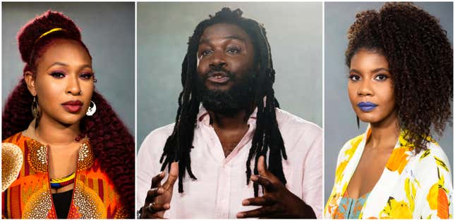 Maimouna Youssef aka Mumu Fresh, left, Jason Reynolds, and Nic Stone