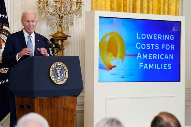 FILE - President Joe Biden speaks during an event on prescription drug costs, in the East Room of the White House, Aug. 29, 2023, in Washington. The Biden administration is putting pharmaceutical companies on notice. It&#39;s warning them that if the price of certain drugs is too high, they might allow other companies to make their product. Under the new plan, the government would consider overriding the patent for high-priced drugs that have been developed with the help of taxpayer money. (AP Photo/Evan Vucci, File)