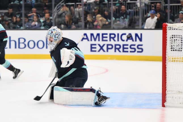 Oct 17, 2023; Seattle, Washington, USA; Seattle Kraken goaltender Philipp Grubauer (31) misses the goal shot by Colorado Avalanche right wing Mikko Rantanen (96) (not pictured) for a goal during the third period at Climate Pledge Arena.