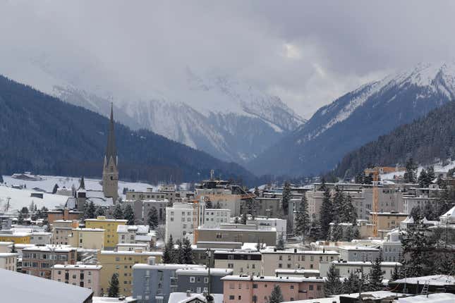 FILE - Snow covers the hills around Davos, Switzerland, on Jan. 19, 2020. Switzerland&#39;s main Jewish organization on Monday Feb. 12, 2024 denounced an antisemitic sign that was put up at a local ski shop near Davos, barring Jews from renting equipment from the store. (AP Photo/Markus Schreiber, File)