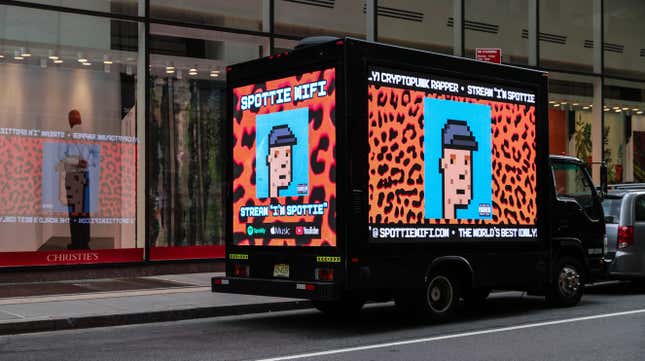 A truck parked outside of Christie’s in New York on May 11 displaying a CryptoPunk NFT.