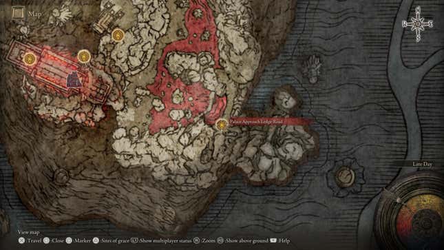 An Elden Ring map screenshot highlights the Palace Approach Ledge-Road