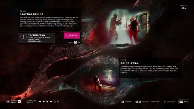 A screenshot shows different timelines for the protagonist.