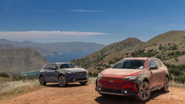 A photo of two Subaru Solterra electric SUVs. 