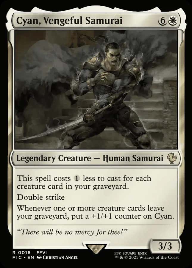 A Magic: the Gathering x Final Fantasy card shows Cyan, the Vengeful Samurai.