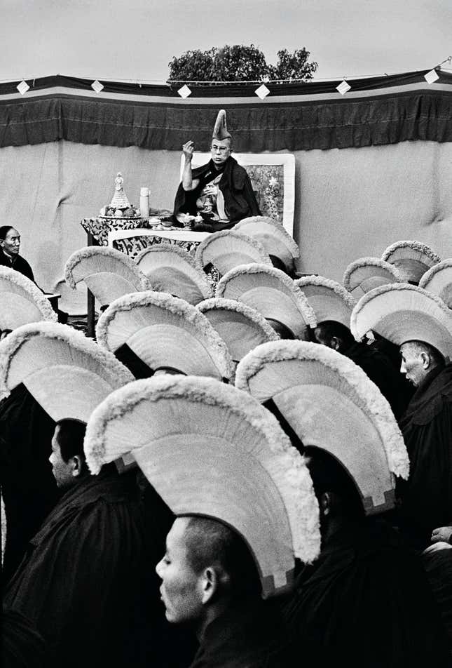 Greeting the Tibetan lunar new year on the roof of a temple with monks and officials of the Tibetan government-in-exile.