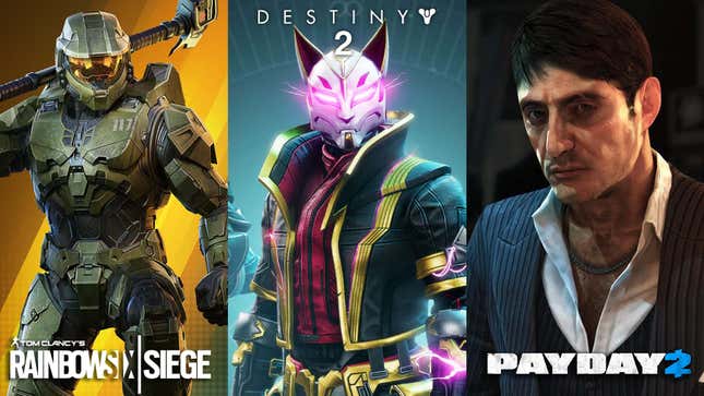 One image shows a collage of crossover video game skins from Destiny, Payday, and Rainbow Six.