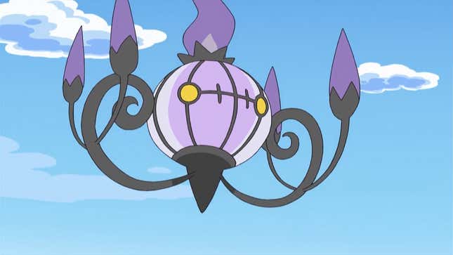 Chandelure floats under a blue sky.